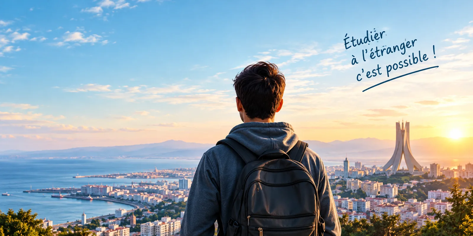 A student with a backpack looks out over the bay of Algiers and the Martyrs’ Memorial at sunrise.